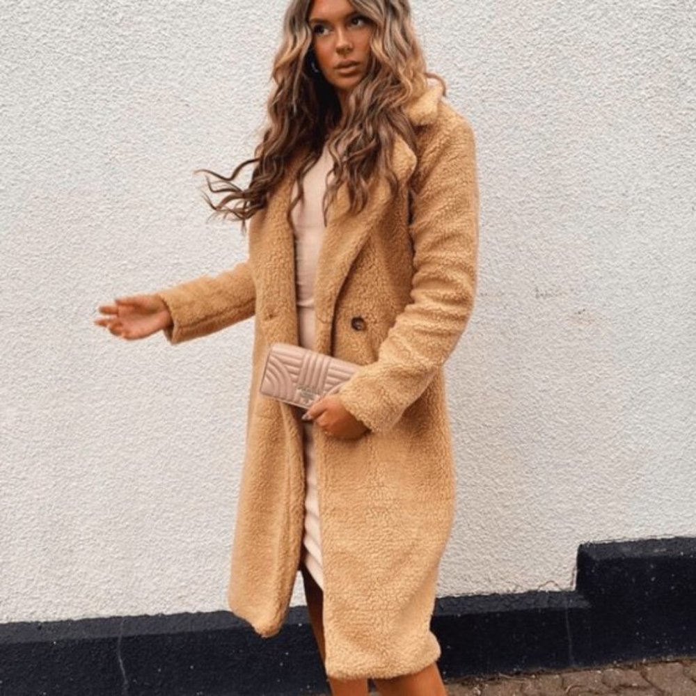 Camel Long Sleeve Loose Fit Double Breasted Long Maxi Teddy Bear Fur Coat - Picture 7 of 12